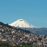 Explore Quito with the majestic backdrop of Cotopaxi Volcano under a clear blue sky.